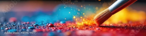 Close-up of a paintbrush poised above a vibrant canvas, reflecting the artist's fiery passion and the exciting possibilities of their future creations , potential, modern