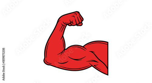 Illustration of a flexed bicep muscle in red, symbolizing strength, power, and fitness, on a white background