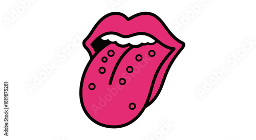 Bold pop art illustration of a cheeky pink mouth with its tongue sticking out, featuring multiple dots representing piercings or taste buds, isolated on white