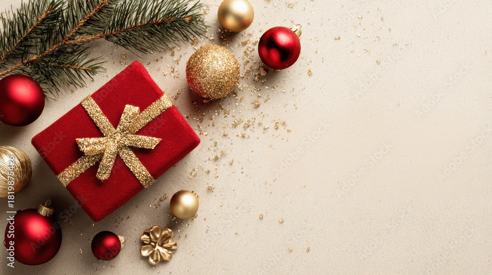 Fototapeta premium Christmas gift box with gold ribbon and ornaments creates a festive holiday scene