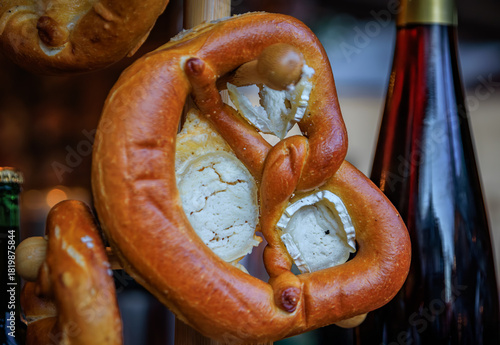 Soft pretzels with cheese and herbs at the Christmas Market, Colmar France