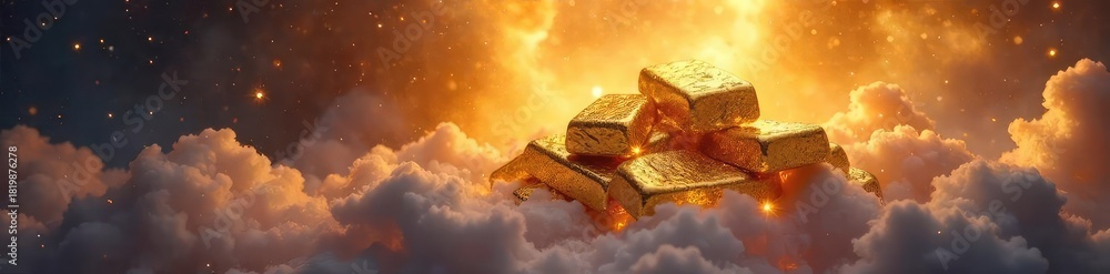 Fototapeta premium Gleaming golden ingots, radiating ethereal light, rest on a cloud of swirling nebulae A celestial representation of divine wealth and power , luxury, shine, stars
