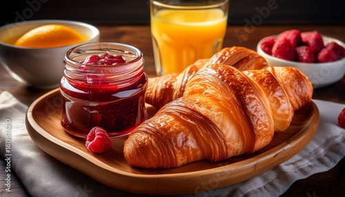 indulge in a delightful breakfast of flaky croissants sweet raspberry jam creamy butter and refreshing orange juice a perfect start to your day