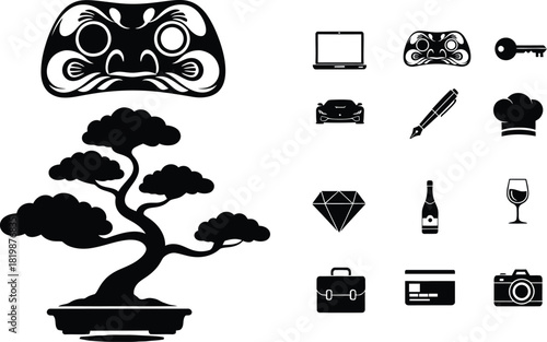 Japanese daruma mask bonsai tree and various lifestyle icons set