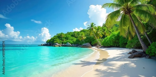 Lush green tropical island paradise, vibrant foliage, clear turquoise water lapping at the white sand beach, swaying palm trees under a bright sunny sky, idyllic tranquil scene , vibrant, sunny