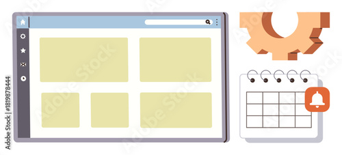 Browser window with widgets, calendar with notification, and gear icon. Ideal for workflow, organization, productivity, planning, task management user interface and settings. Simplified flat