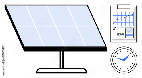 Solar panel generating power, clipboard with growth chart tracking performance, and clock symbolizing time efficiency. Ideal for renewable energy, productivity, time management, business growth
