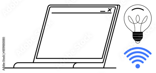 Open laptop next to a light bulb and wireless signal. Ideal for technology, innovation, remote work, education, connectivity, creativity, brainstorming, digital solutions in simple flat metaphor