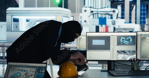 Tablou pe pânză Hacker sneaking into solar panel facility, inserting USB stick into PC to steal secret manufacturing data