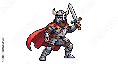 Pixel art medieval warrior with horned helmet and sword, ready for battle