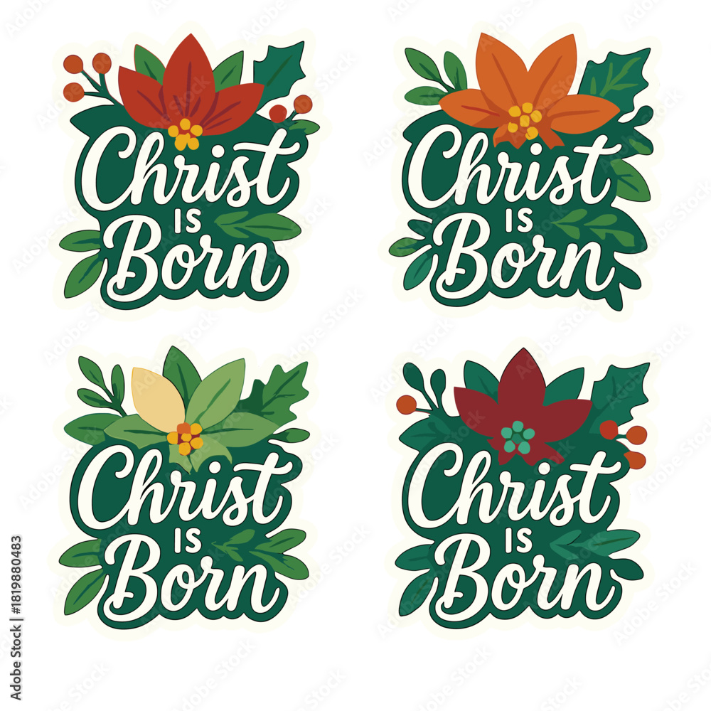 Obraz premium Christmas greeting flat icons set. featuring christ is born, poinsettia, holly leaves, and floral designs