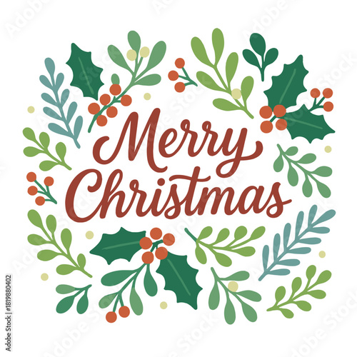 Christmas decorative flat icon set. featuring holly leaves, berries, festive lights, and seasonal greenery symbols