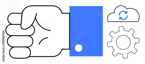 Fist gesture beside cogwheel and sync cloud. Ideal for teamwork, process control, integration, cloud computing, workflow automation, strategy, technology. Simple flat metaphor