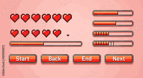 Pixel Art UI Elements for Games Hearts, Progress Bars, and Buttons