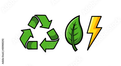 A set of eco-friendly icons featuring a green recycling symbol, a leaf for nature, and a lightning bolt for renewable energy concepts
