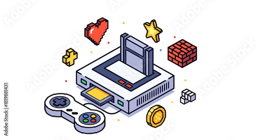 Retro gaming console with controller, cartridge, and pixelated elements, a nostalgic tribute to classic video games
