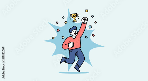 Joyful man leaping in the air and celebrating a significant achievement, holding a golden trophy surrounded by confetti.