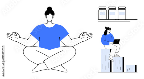 Person meditating in lotus pose near jars, while another works on a laptop on growing bar charts. Ideal for wellness, work-life balance, productivity, mindfulness, health, growth simplicity. Modern
