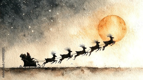 Santa Claus in sleigh with reindeer flying across night sky with moon.