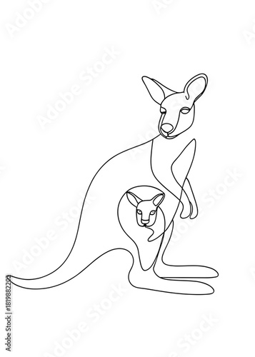 Kangaroo and joey in continuous line art style on white background  