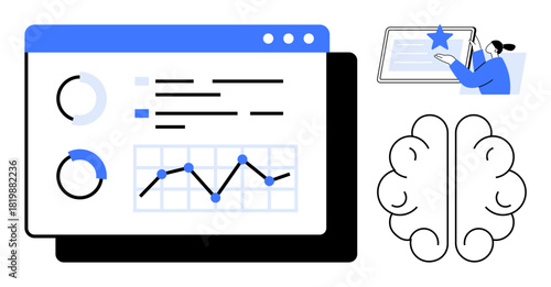 Interactive dashboard with charts, circular graphs, line graph, human brain outline, and individual analyzing a document. Ideal for data analytics, education, artificial intelligence, research