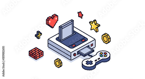 Retro gaming console with pixelated heart, coin, and star icons, symbolizing classic entertainment and digital fun