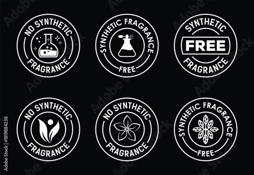 Set of six white oval badges indicating no synthetic fragrance for products