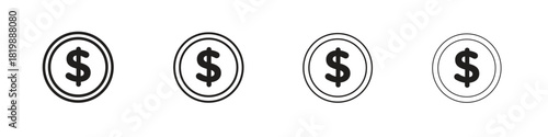 Coin icon set. A collection of simple black thin strokes icons