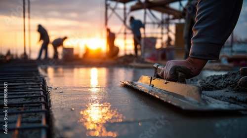 Construction Worker Smoothing Wet Concrete — finishing craft