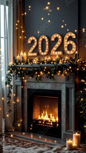 Cozy 2026 new year celebration with festive fireplace and candlelight ambience