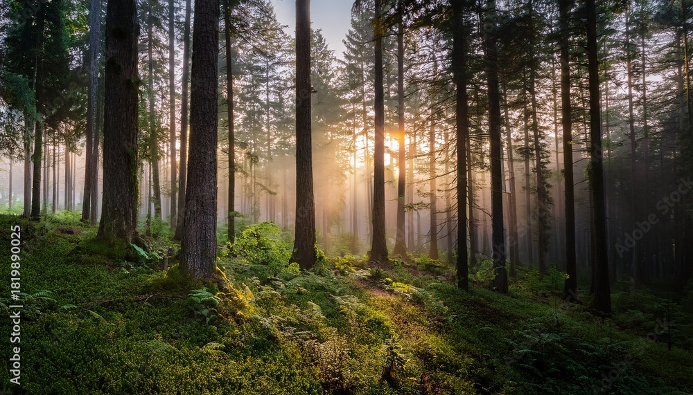 Obraz premium a tranquil forest filled with towering trees and mist illuminated by soft light as dusk approaches creating a serene atmosphere