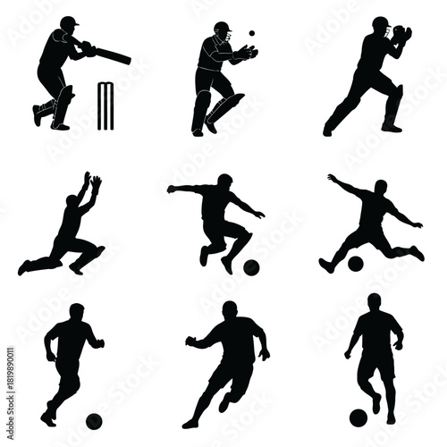 Collection of sport silhouette icons cricket soccer and baseball