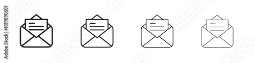 Envelope open icon set. A collection of simple black thin strokes icons