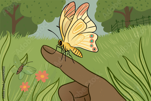 Gentle Insect Encounter: Butterfly on Finger in Lush Nature