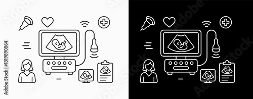 Ultrasound Examination Line Icons – Medical Diagnostic Illustration