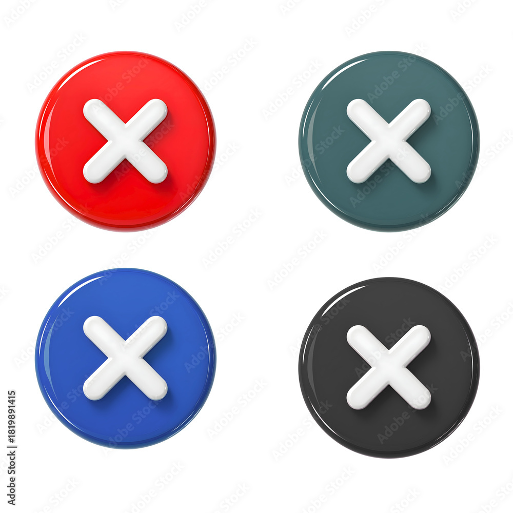 Obraz premium 3D Glossy Cancel Buttons Set, Cross Mark Icons for Delete, Close, or Error Actions