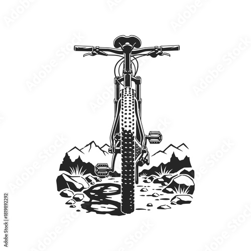 Minimalist Rear View Mountain Bike on Rocky Terrain Illustration