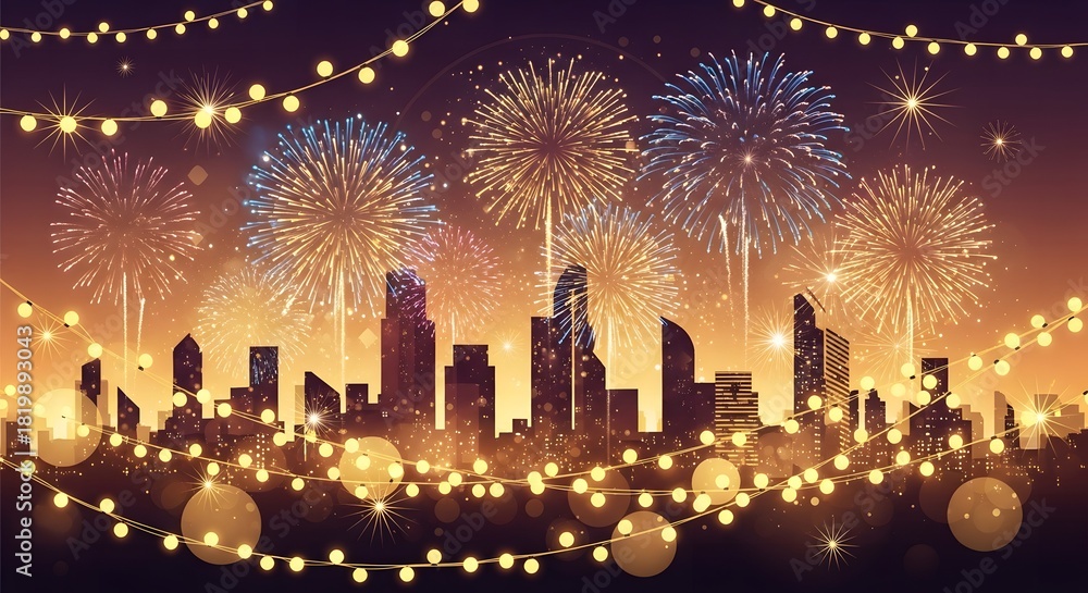 Obraz premium City skyline with fireworks and string lights celebration