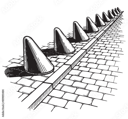 Perspective view of a textured brick sidewalk bordered by a curb and a receding row of sharp, conical traffic safety bollards.