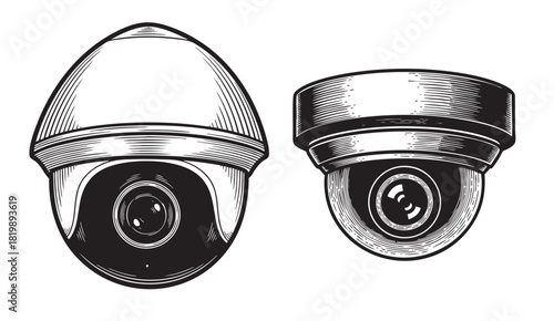 Detailed vintage engraving illustration showing two types of dome surveillance cameras (CCTV) for security and monitoring.