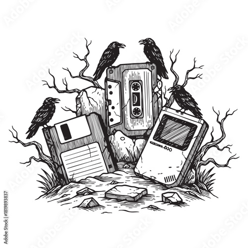 Concept of technological obsolescence featuring abandoned, broken retro technology like floppy disk, cassette tape, and handheld console.
