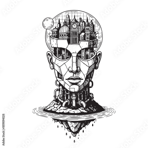 Detailed Engraving Style Illustration of a Geometric Cyborg Head with a Futuristic Cityscape Inside the Cranium.