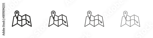 Map icon set. A collection of simple black thin strokes icons