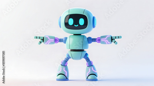 Cute humanoid robot mascot demonstrating a balanced posture for exercise or fitness.
