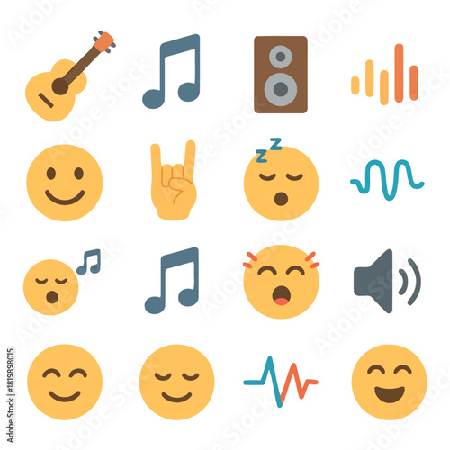 Melody of Expressions: A vibrant array of music-themed illustrations, including guitar, musical notes, emoji faces, and sound waves, all together in a single composition.