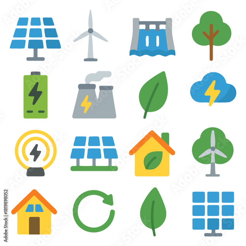 Eco-Friendly Energy Icons: A vibrant collection of icons representing sustainable energy sources, promoting a greener future and a conscious lifestyle.