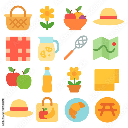 Picnic Essentials: A vibrant collection of picnic essentials, featuring a basket, fruit, lemonade, a map, flowers, and more, all illustrated in a charming, playful style.