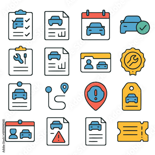 Automotive Service Icons: A collection of various colorful icons related to car service, including checklists, calendars, service records, and location pins.