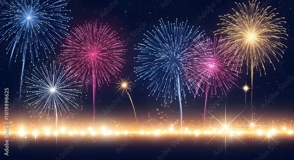 Fototapeta premium Colorful fireworks explode in the night sky with glowing lights below