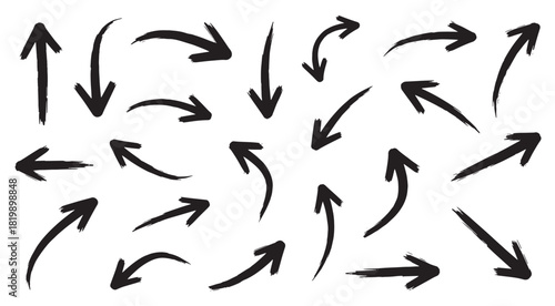 Black brushstroke arrows in varied directions forming dynamic flow and movement Concept of direction guidance motion design
